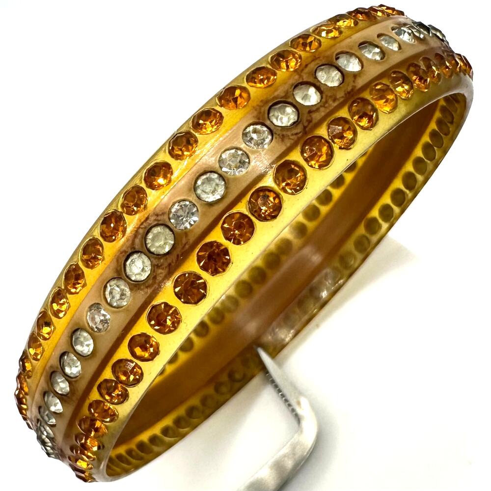 Antique Art Deco celluloid amber clear Czech glass rhinestones bangle bracelet